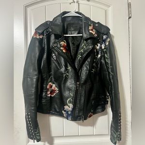 Leather Moto Jacket with Floral Embroidery